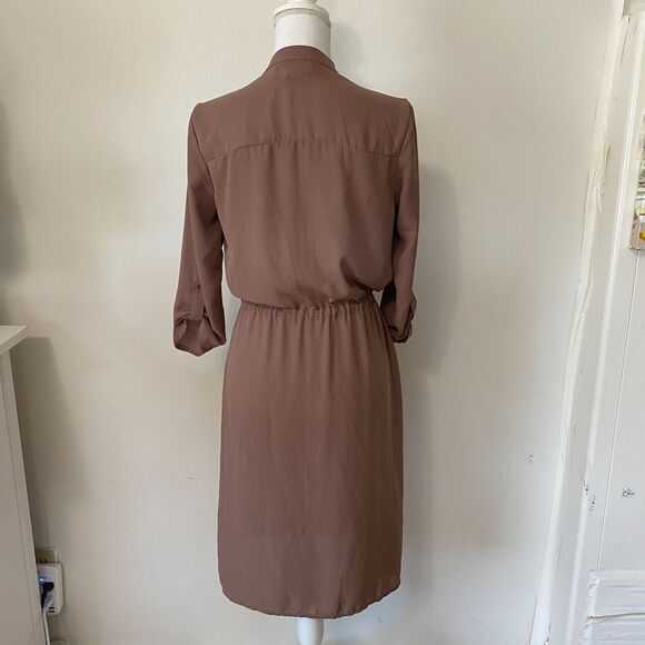 Spoon Milk Chocolate Utility Cinch Waist Tab Sleeve Shirtdress Front Zip S - Picture 3 of 12